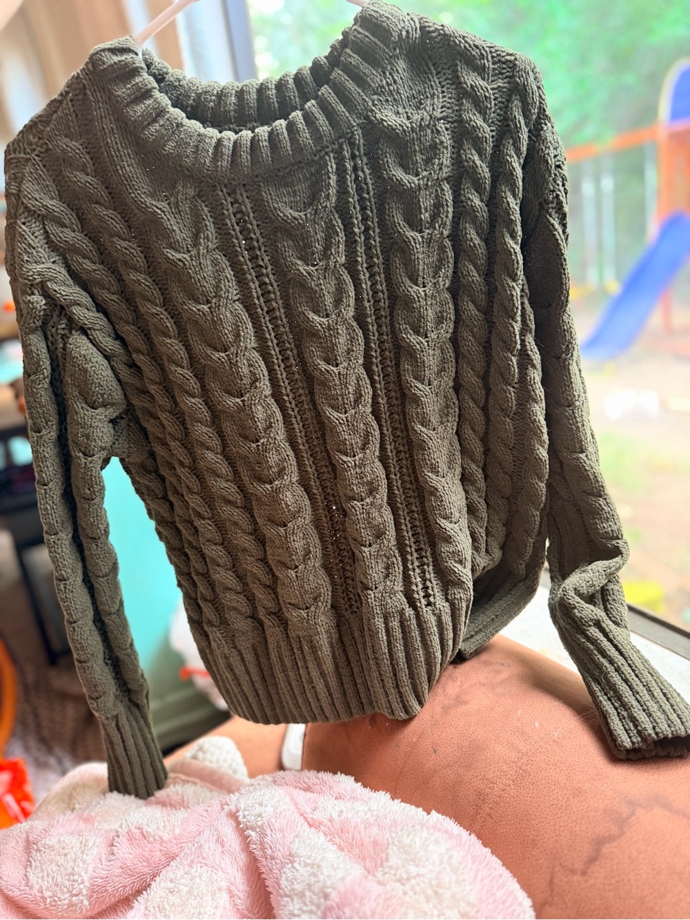 SO Olive Green Cable Knit Crewneck Sweater